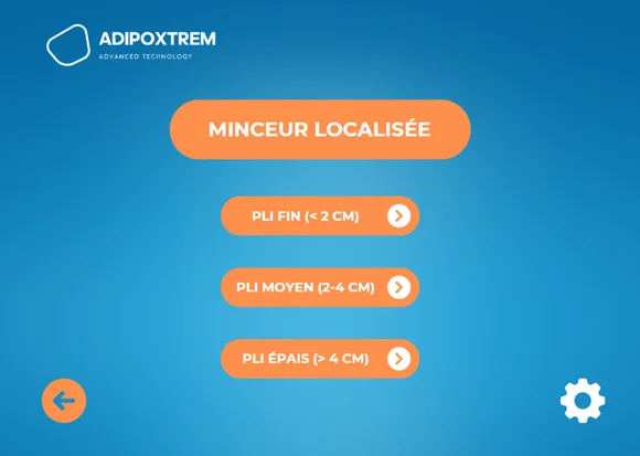 Écran du programme « Minceur localisée » proposant trois sous-programmes selon l'épaisseur du pli : moins de 2 cm, 2 à 4 cm, plus de 4 cm