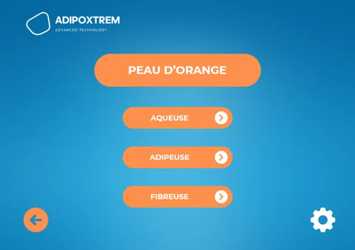 Écran du programme « Peau d'orange » proposant trois sous-programmes : aqueuse, adipeuse, fibreuse