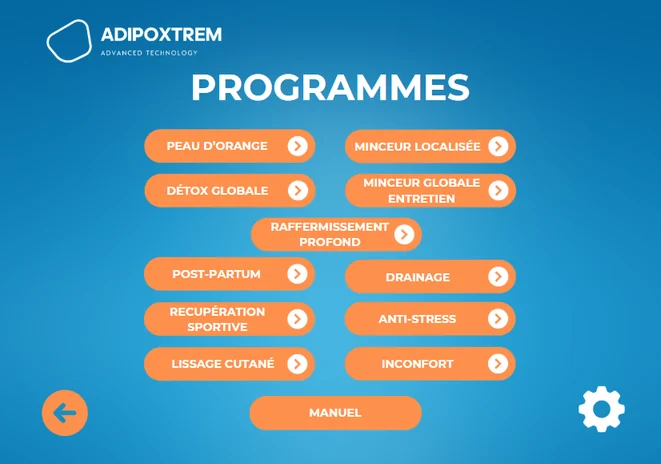 Écran « Programmes » de l'interface AdipoXtrem listant les programmes pré-paramétrés et le mode manuel