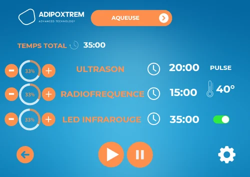 Écran de séance AdipoXtrem : réglage de l'intensité et de la durée des ultrasons, de la radiofréquence et de la LED infrarouge, avec durée totale de 35 minutes